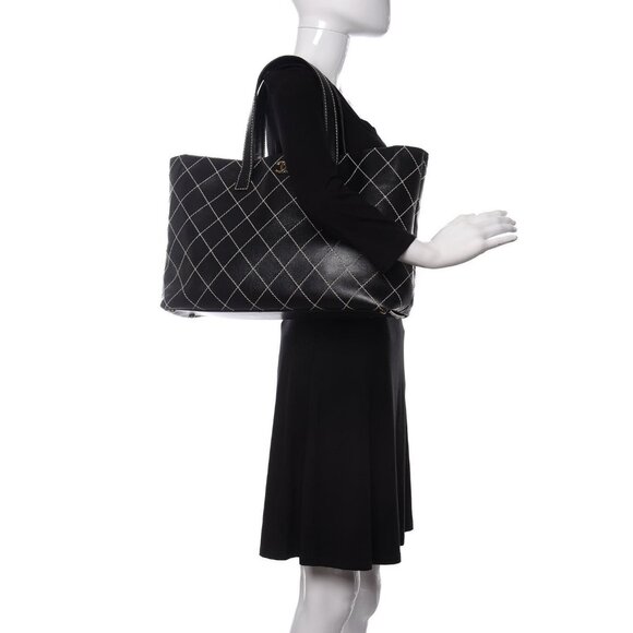 CHANEL CC Wild Stitch Vintage Quilted Shoulder Bag Tote Lambskin Black - Picture 2 of 12